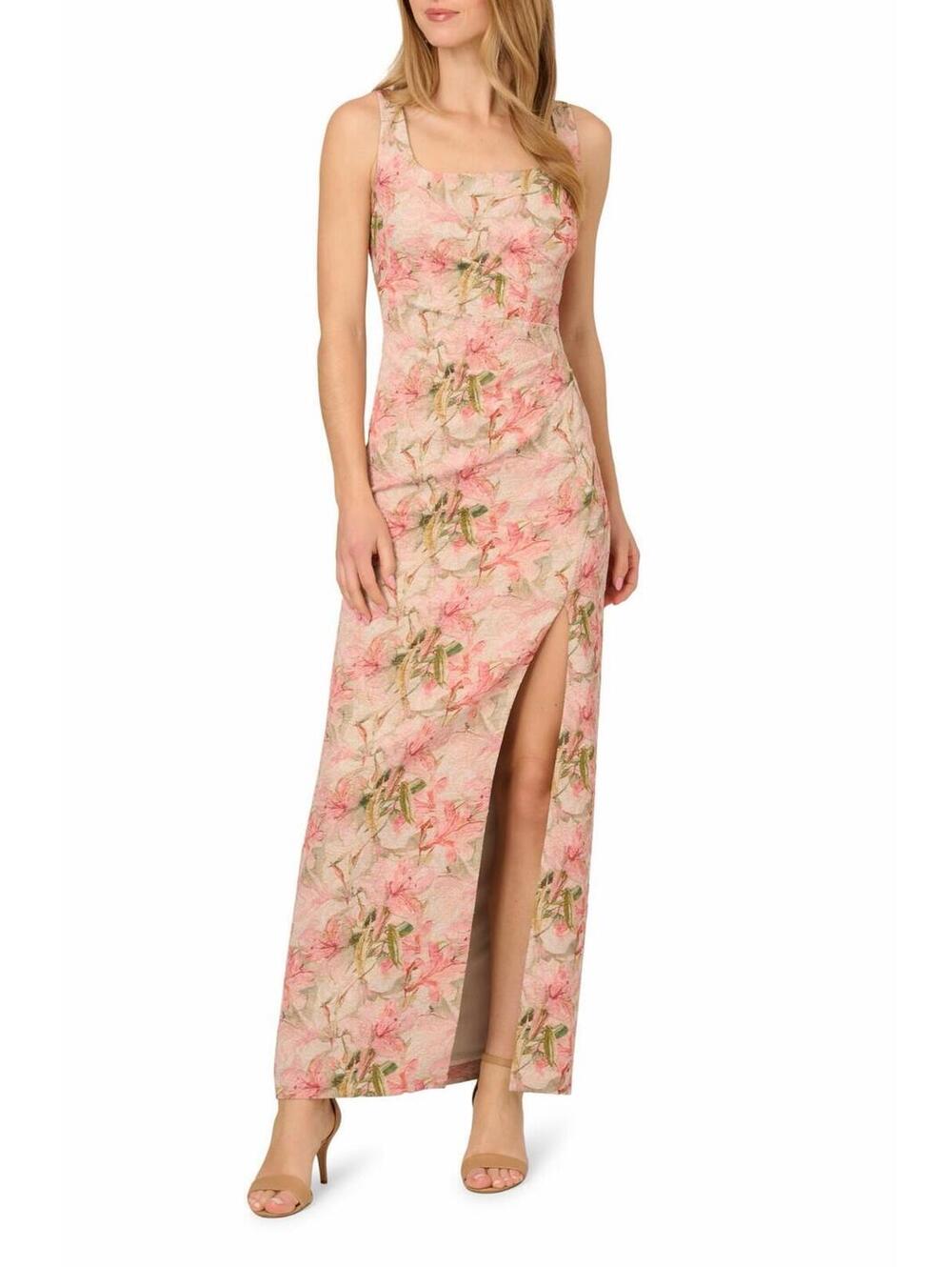 New Adrianna Papell Floral Jacquard Metallic Matelasse Column Gown Sz 10 $229
